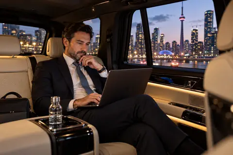 Business traveller working on a laptop in the rear seat of a chauffeured SUV at dusk in Toronto
