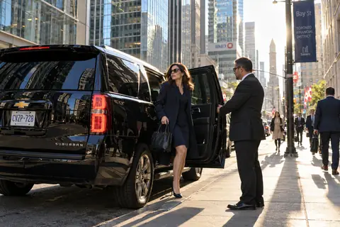 Chauffeur holding the door as a businesswoman steps out of a black SUV on Bay Street